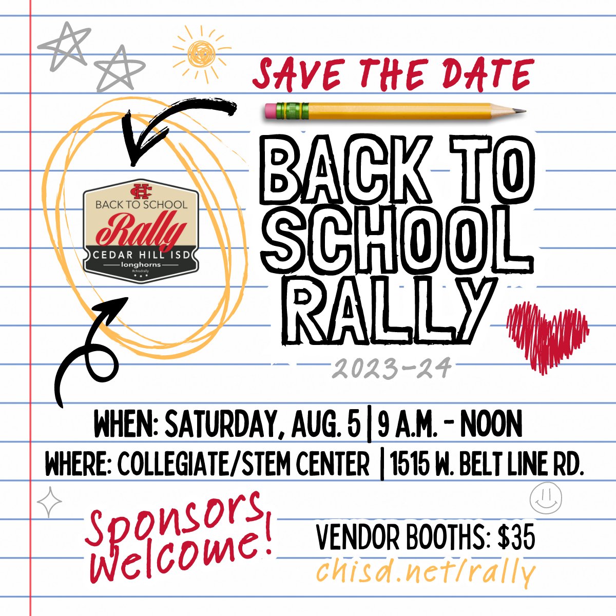 cedarhillisd's tweet photo. CHISD's Back to School Rally will now be held at the Collegiate Academy &amp; High School/ Wilson STEM Center! 

Save the date, plan to join us and visit https://t.co/fLMLAW8ht8 for more information. 

#BackToSchoolRally #CHISDBTSR https://t.co/On5vbjpqpY