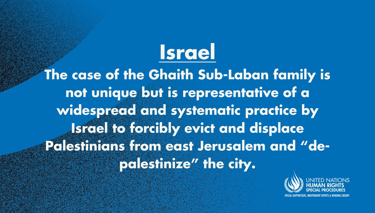 UN_SPExperts's tweet photo. #Israel: The forced eviction and displacement of the Ghaith-Sub Laban family and many other Palestinian families in east Jerusalem may amount to a war crime of forcible transfer and must be immediately reversed - UN experts

https://t.co/ekfe3y1HkB https://t.co/9vGgQc0ILB