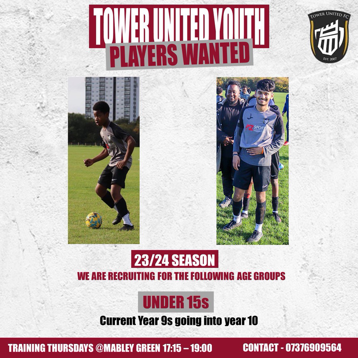 TowerUtdFC's tweet photo. 🚨 Calling all young football enthusiasts! 

⚽️ Tower United Youth is on the lookout for talented players to join our team! ⚽️
🌟 Are you ready to showcase your skills and be a part of a winning squad? 🌟
 
Contact us on the number on the leaflet 
#YouthFootball #FootballTrials https://t.co/JwRxx90SnL
