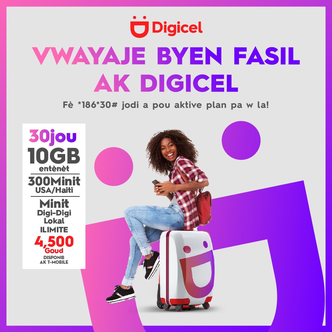 DigicelHT's tweet photo. Nou avè w tout kote , menm lè w ap vwayaje ozetazini ‼️ Vwayaje byen trankil epi rete konekte ak pwòch ou sou telefòn Digicel ou lè w aktive youn nan plan #Roaming nou yo . Ki Disponib sèl ak T-Mobile🥳
#ToujouBayPlis #DigicelHaiti #Piyay https://t.co/GnbYZ7bVnE