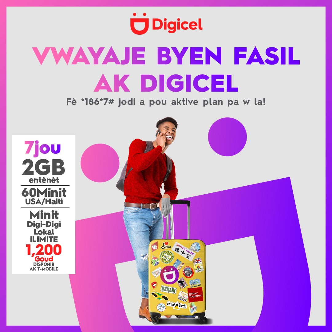 DigicelHT's tweet photo. Nou avè w tout kote , menm lè w ap vwayaje ozetazini ‼️ Vwayaje byen trankil epi rete konekte ak pwòch ou sou telefòn Digicel ou lè w aktive youn nan plan #Roaming nou yo . Ki Disponib sèl ak T-Mobile🥳
#ToujouBayPlis #DigicelHaiti #Piyay https://t.co/GnbYZ7bVnE