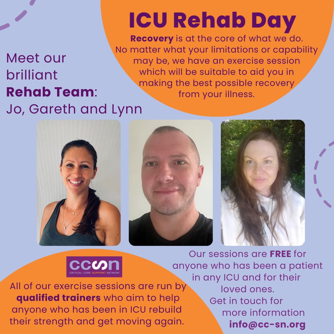 On #ICURehabDay23 meet our Rehab dream team Jo, Gareth & Lynn 
They know #RehabIsCritical to help people make the best possible recovery after critical illness & between them deliver a full range of classes for us on zoom every week that are FREE for patients & their families
