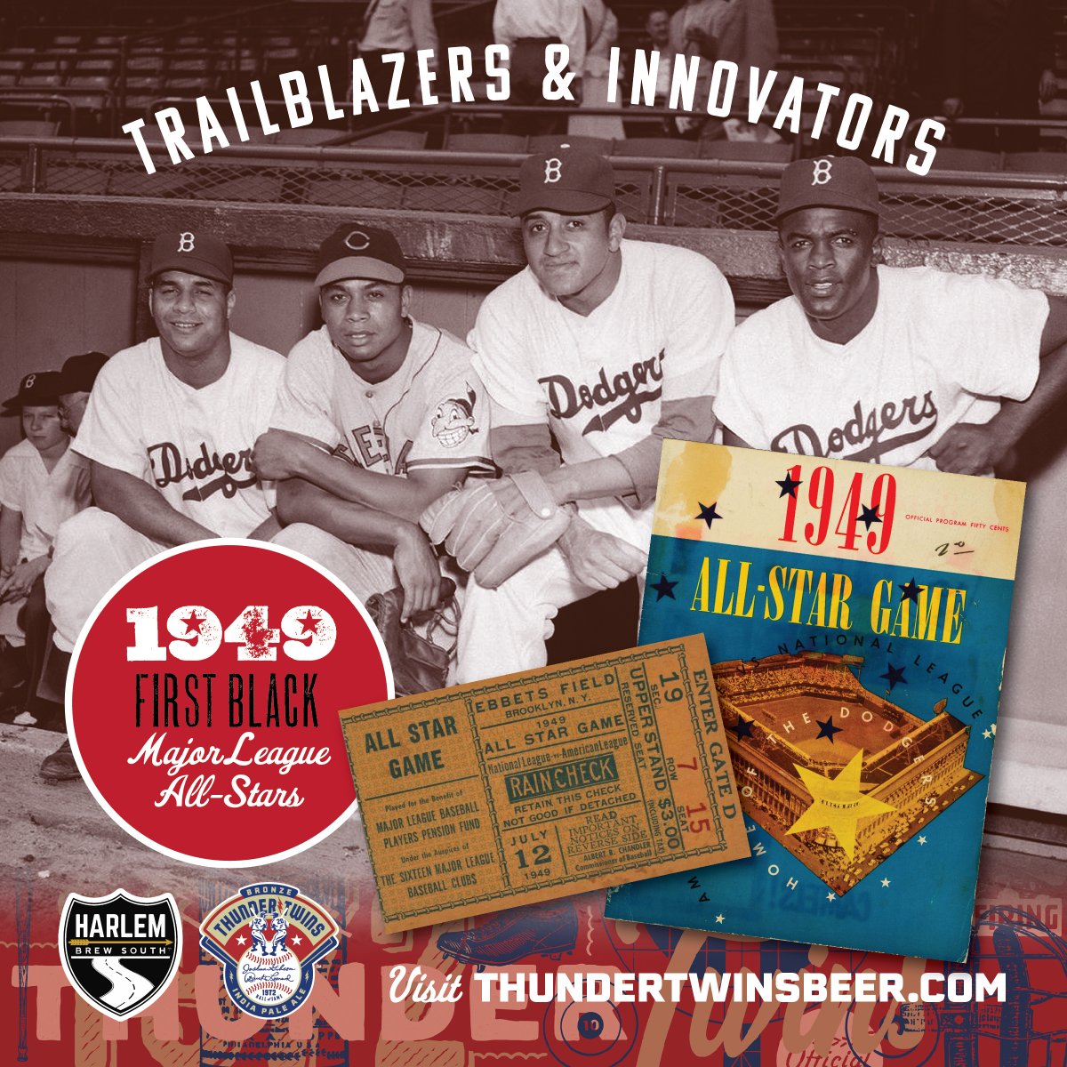 #OTD in 1949, former Negro Leaguers #JackieRobinson #RoyCampanella #DonNewcombe & #LarryDoby became the 1st Black players to appear in the @MLB #AllStarGame. Over their careers, they were selected for 31 combined #AllStar games. #NegroLeagues #thundertwinsbeer @harlembrewing