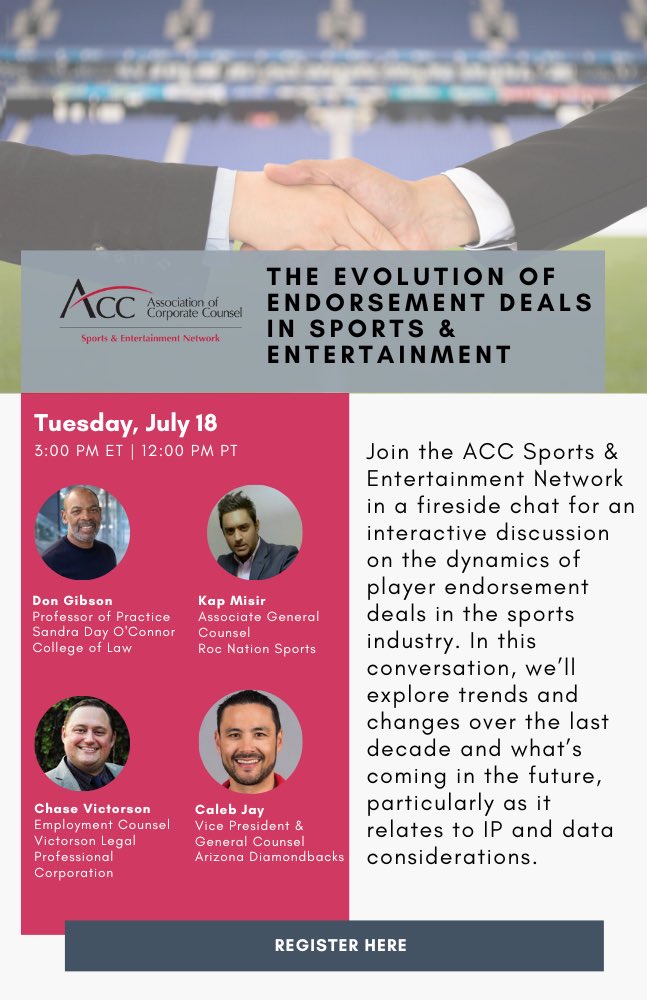 Hi Sports &amp; Entertainment Network! Join us next week, July 18, for our legal update! We will be having a panel discussion about the dynamics of player endorsement deals in the sports industry. as always, come for the trivia &amp; stay for the great knowledge!

onlineed.acc.com/learn/course/i…