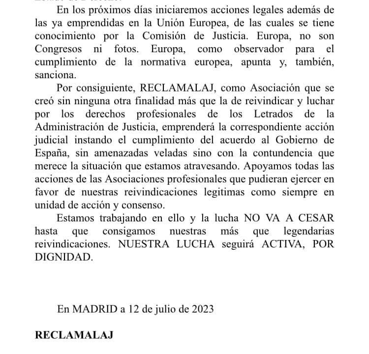 Nota prensa de RECLAMALAJ. La lucha NO VA A CESAR hasta que consigamos nuestras más que legendarias reivindicaciones. NUESTRA LUCHA seguirá ACTIVA, POR DIGNIDAD.