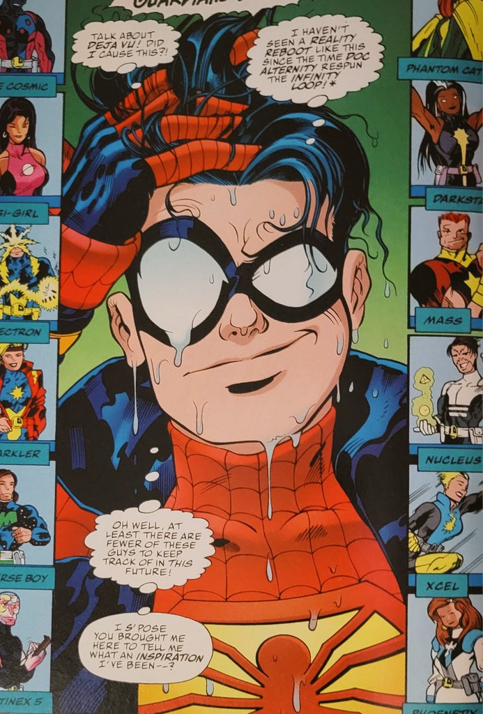 RooseveltBarre7's tweet photo. The original Spider-Boy (Pete Ross) all wet and stinky... My obvious go-to look after having sex. This comes from Spider-Boy Team-Up N⁰.1, part of a @DCOfficial and @Marvel event called Amalgam.
#ComicBooks #ComicBookArt #ComicBookPanel #Superheroes #WebheadWednesday https://t.co/QzBf11j6OT