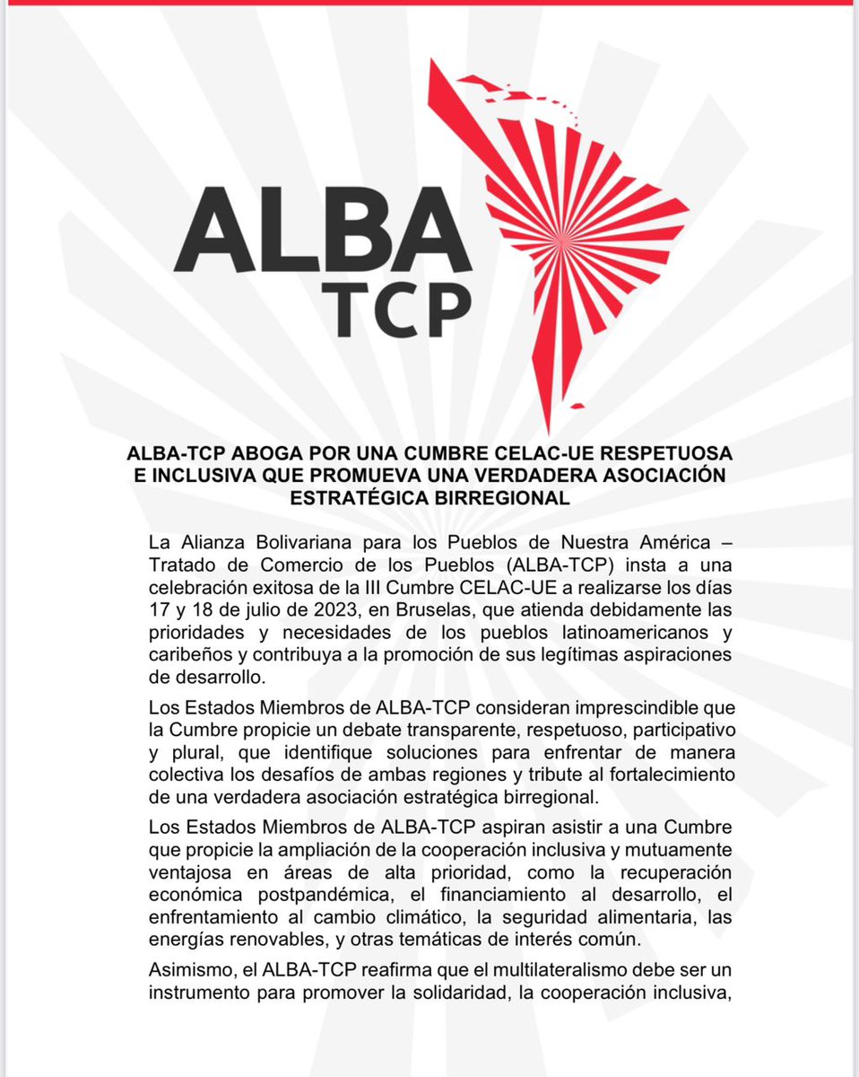 ALBATCP's tweet photo. #Comunicado| ALBA -TCP aboga por una Cumbre CELAC-UE respetuosa e inclusiva que promueva una verdadera asociación estratégica birregional.

#12Julio2023 https://t.co/PUcNDSjD0D