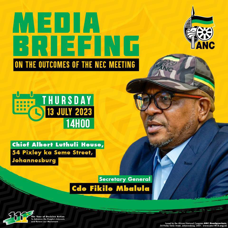 Tomorrow, 13 July 2023, I will brief members of the media on the outcomes of the NEC meeting. 
#ANCNEC
#ANCatWork