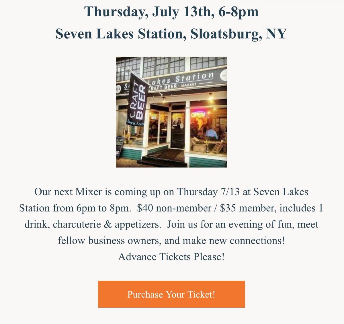 Please join us for tomorrow's get-together at Sloatsburg Chamber Mixer at the Seven Lakes Station. Please bring a friend and enjoy good company and delicious beer.
Time: Thursday, July 13th, 6-8pm
Location: Seven Lakes Station
$40 non-member / $35 member
Or pay at the door.