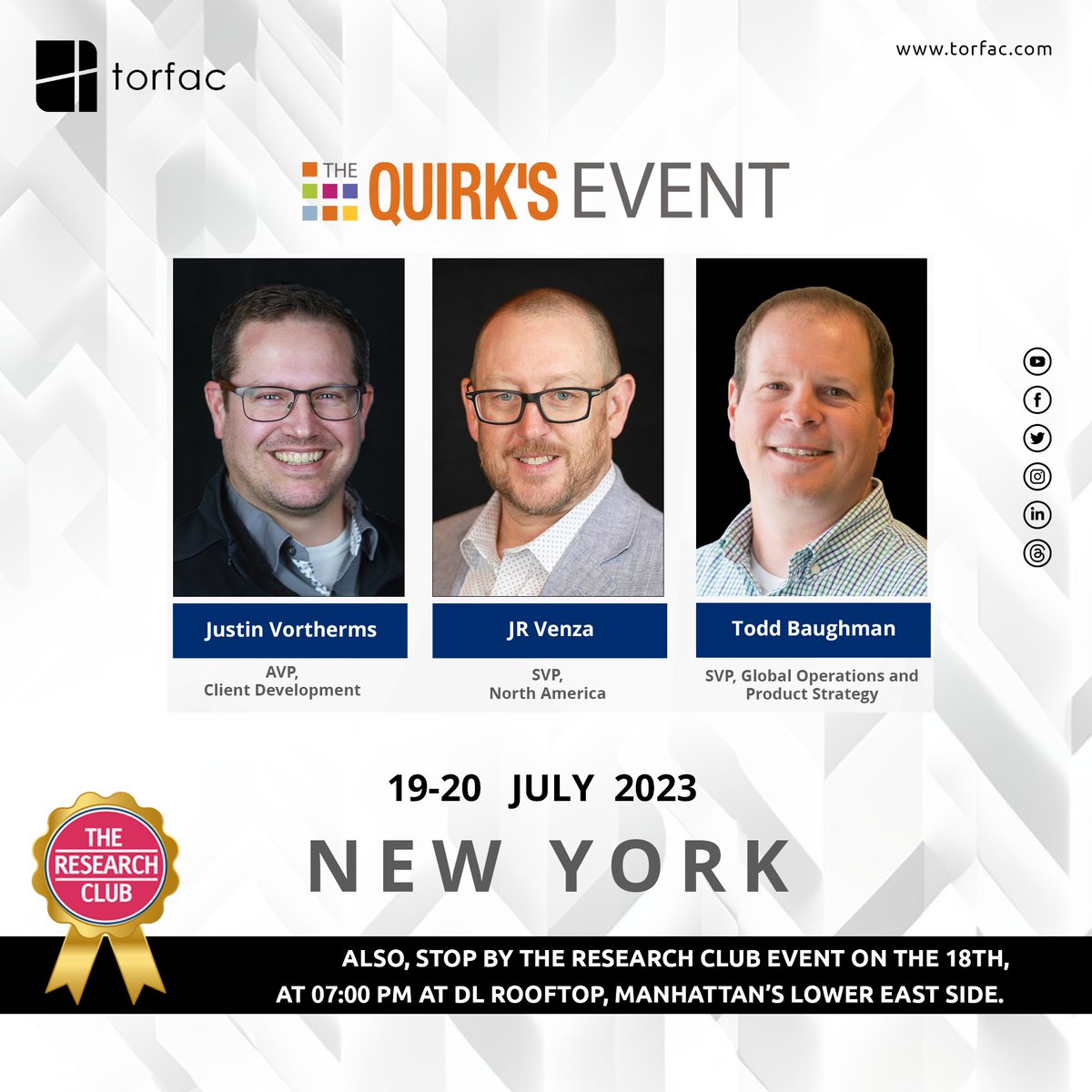 TorfacInc's tweet photo. Exciting News!
Hey everyone! Guess what? JR, Todd, and Justin are all pumped up and ready to attend Quirks NYC on July 19-20 in the lively city of New York!
Let's go, Quirks NYC!
#quirksevent #quirksnewyork #torfac #marketresearch #conference https://t.co/YtK7rvVS5s