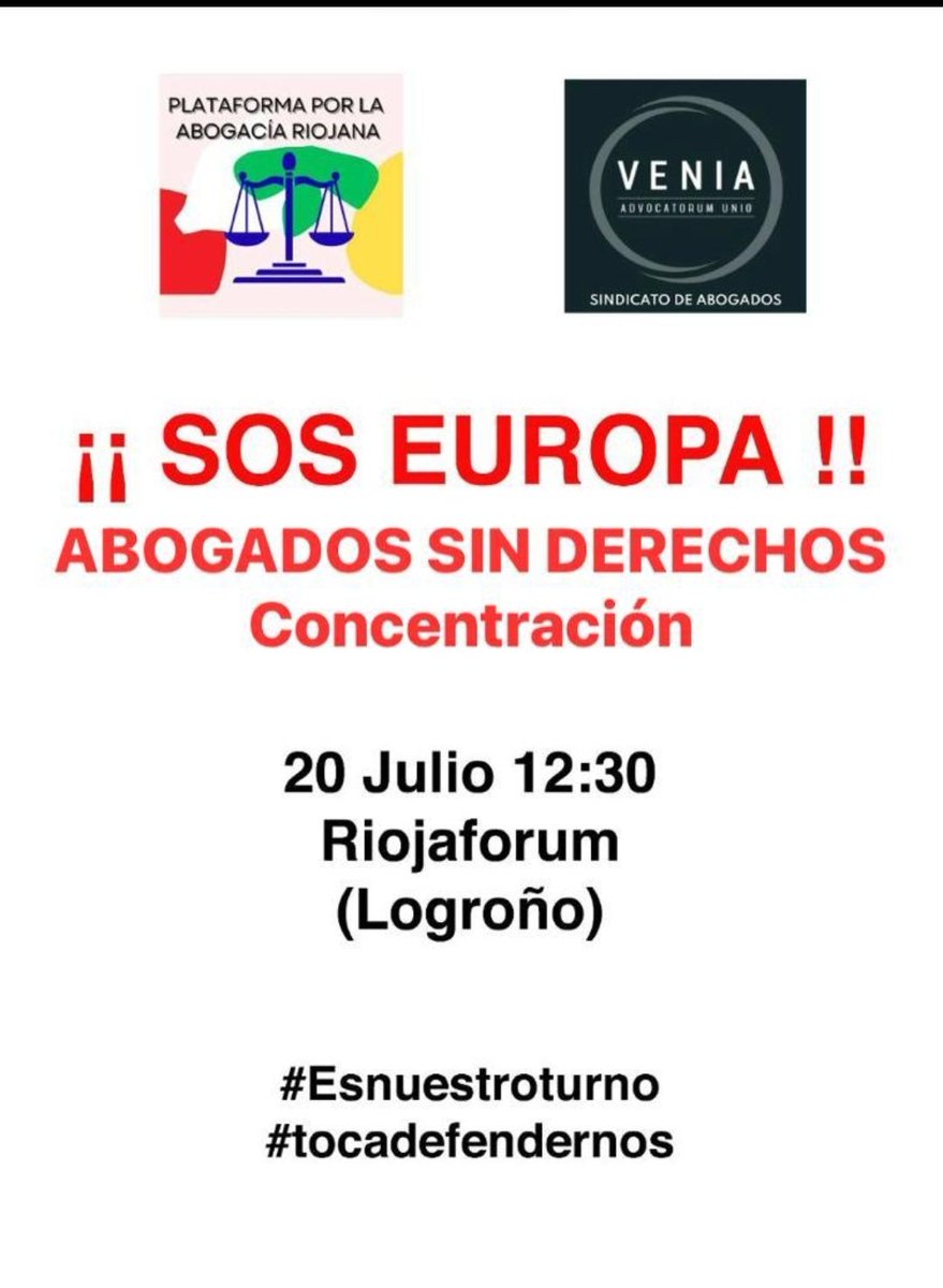 Ahora toca ir a Logroño!
Reivindicaciones más que justas para una abogacía maltratada.
Día 20 de julio a las 12.30. 
Os esperamos a todos y después juntos a tomar unos vinos.
Vamos a organizar viaje ya!!!l