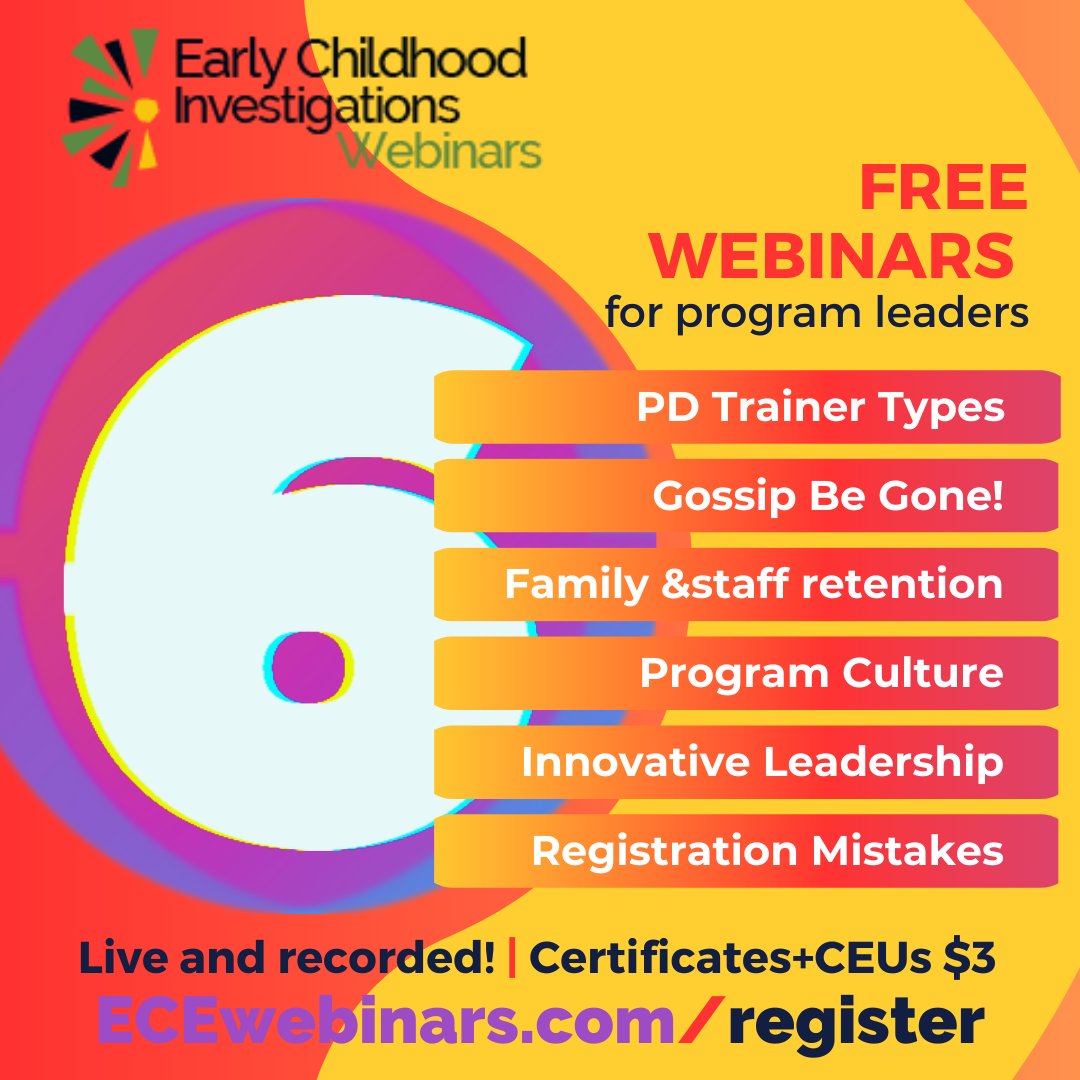 So many FREE WEBINARS for #earlychildhoodeducation program leaders, #trainers, #consultants, #childcareowners, and #ECEdirectors! - mailchi.mp/earlychildhood…

#ECEleadership #ECEleaders #earlyed #earlylearning #childcare #preschool #headstart #CDNchildcare