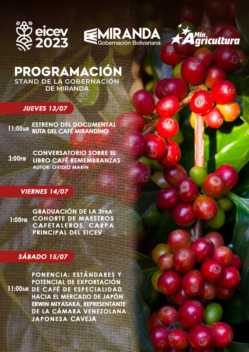 MirandaGob's tweet photo. ☕️😃No te pierdas el II Encuentro Internacional de Cafés de Especialidad Venezolano, en El Laguito, Círculo Militar de Caracas.
Visita el stand de caficultores y caficultoras de #Miranda 😉 y disfruta de la programación.
🗓️13-15 de julio
⌚️9 AM a 9 PM
📌Entrada libre
#eicev https://t.co/lqBuYMisXh