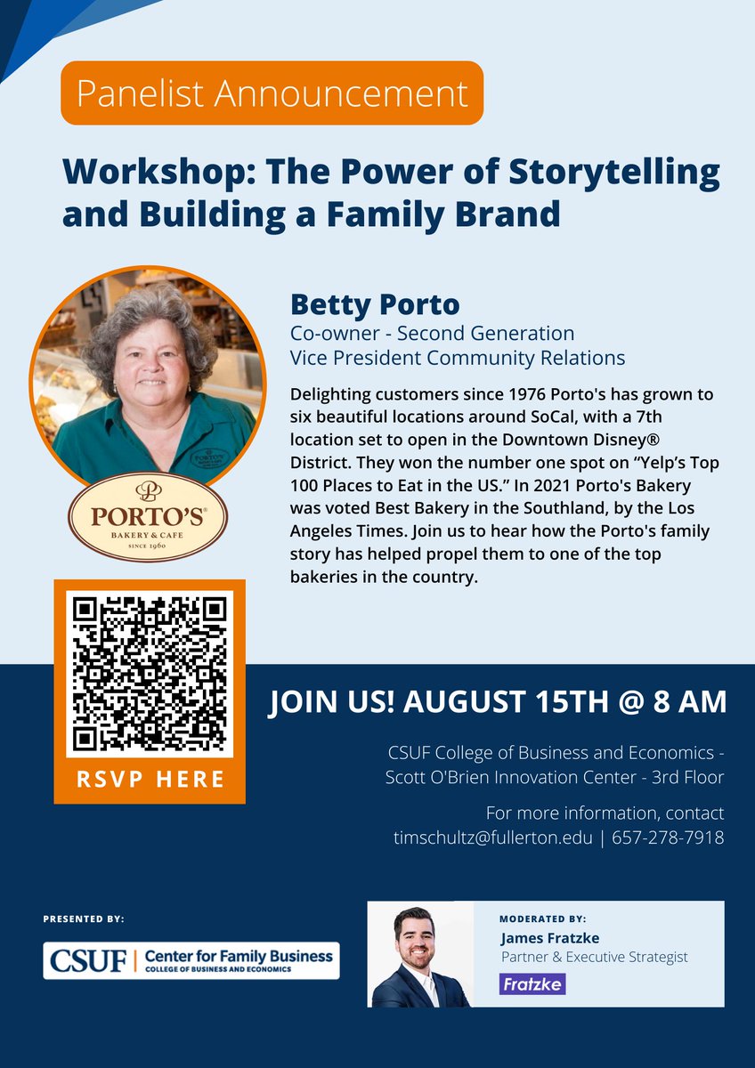 FratzkeMedia's tweet photo. We're teaming up with the #CSUF Center for #familybusiness to put on a great workshop next month - The Power of Storytelling and Building a Family Brand!

We're excited to officially announce our first guest panelist!👇 

@Portos https://t.co/bUwaQ2DDxp