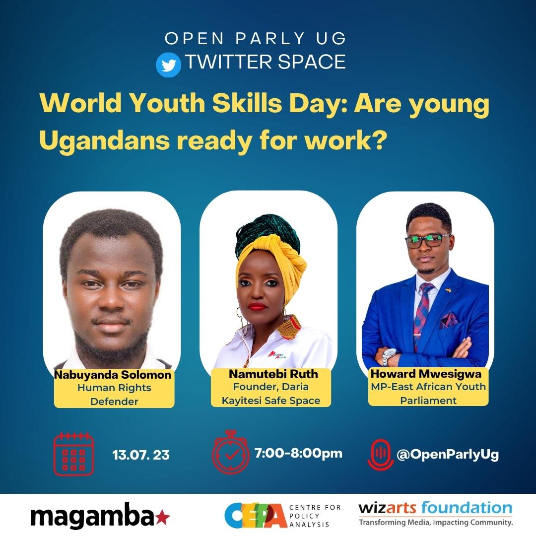 Facts: According to #YouthPolicy.org, Uganda has the world's youngest population of over 78%. It also states that: The country has one of the highest youth unemployment rates in Sub-Saharan Africa 🤔

Well the Day is Thursday 📌📌
#OpenParlySpaces
#OpenParly