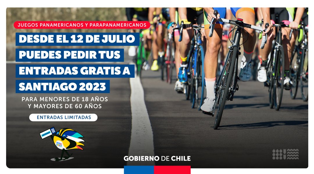 GobiernodeChile's tweet photo. Entradas GRATIS para #Santiago2023 A 100 días del evento deportivo, ya puedes retirar o comprar entradas en Punto Ticket. Para el beneficio gratuito, debes pedirlas desde hoy y descargarlas entre el 15 y 29 de septiembre.

¡Reserva la tuya para disfrutar del deporte!👏🏽🤸🏽‍♂️ https://t.co/aJY0AMlY0m