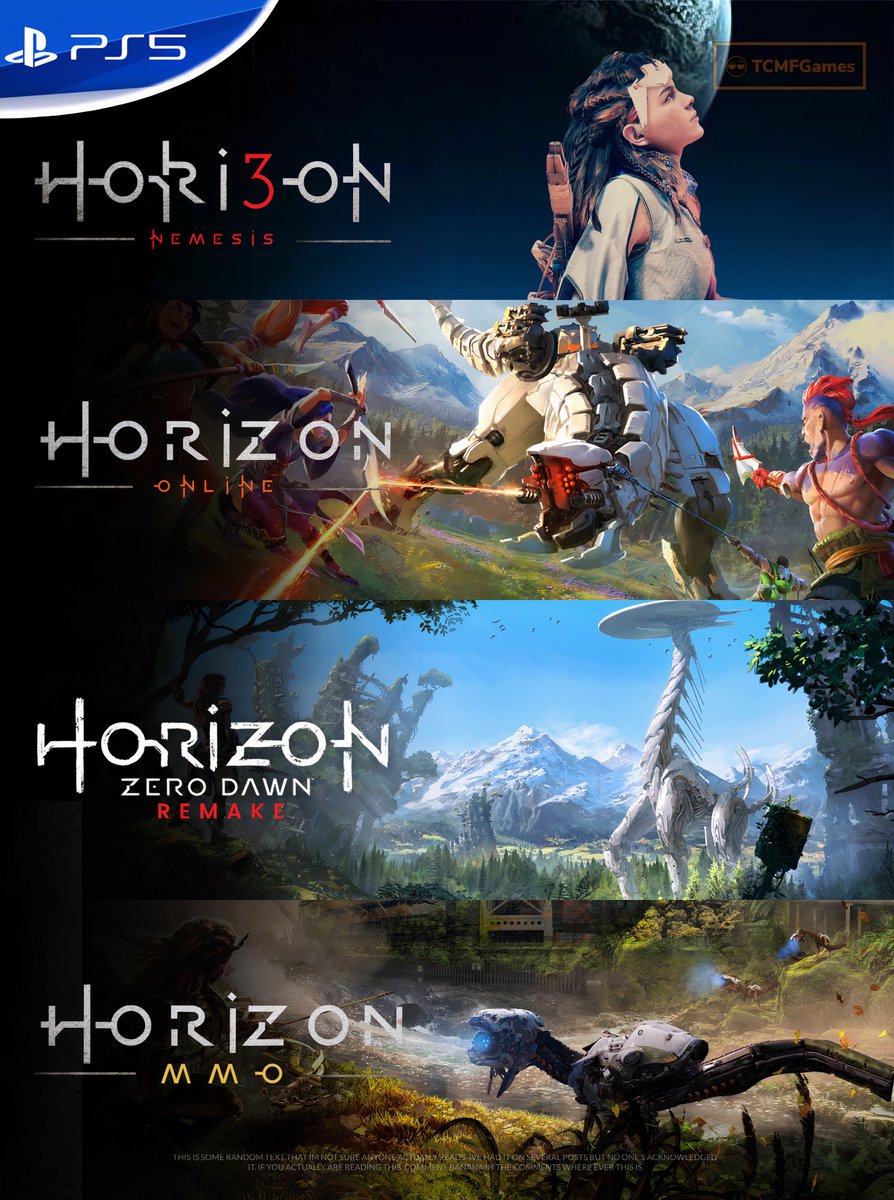 TCMF2's tweet photo. Horizon PS5 exclusive projects in the works

Guerrilla states that horizon is “going to be continuing it for a very long while”

Horizon multiplayer is a “a massive shift for the studio, almost on the same level as doing the first Horizon.”

Confirmed : 
✅ Horizon 3 

✅ Horizon Multiplayer 

Rumored : 
✅ Horizon Zero Dawn Remake 

✅ Horizon MMO

- PS5 | PS5Themes | PlayStation