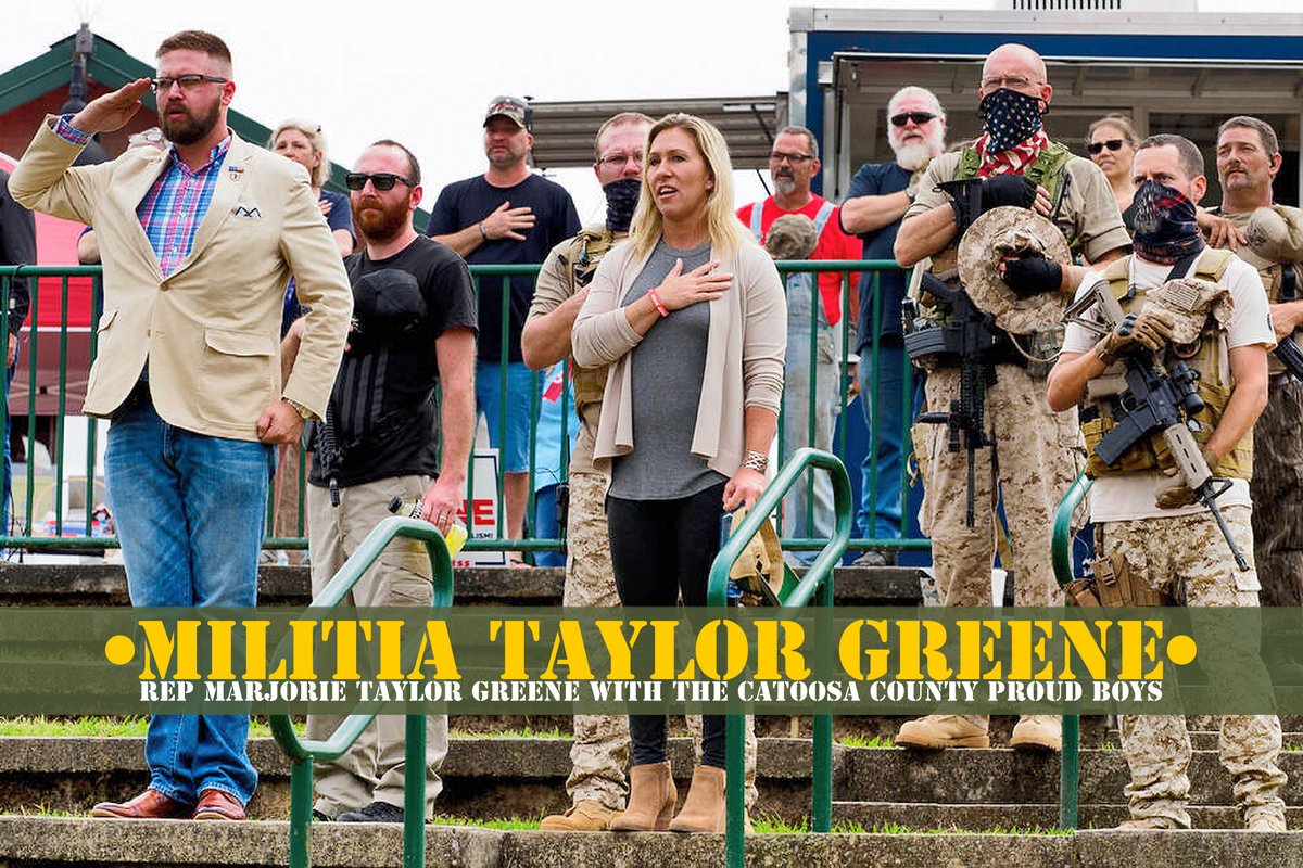 TheHausWorking's tweet photo. Once again we see Marjorie Taylor Greene ( @RepMTG ) with the Catoosa County Proud Boys that she has never heard of. Ain’t that right @mtgreenee?
Jail’s comin’. Perhaps you can join that J6 Choir and serenade the Orange Polyp. #J6Traitor #DCBomber #WHITEsupremacist #3ToedSloth https://t.co/FrWqlspMH6