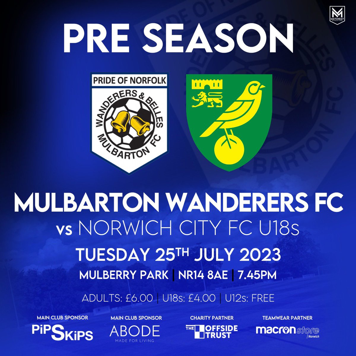 💙🖤 𝐓𝐈𝐂𝐊𝐄𝐓𝐒 𝐎𝐍 𝐒𝐀𝐋𝐄 💚💛 We’re expecting a decent crowd for our home fixture vs @NorwichCityFC u18s, so please purchase your ticket(s) online to guarantee entry. ticketsource.co.uk/mulbarton-wand… 🗓️Tues 25 July ⏰ 7:45pm ✅£6 adults / £4 u18s / u12s FREE 💙🖤 #NCFC #MWFC