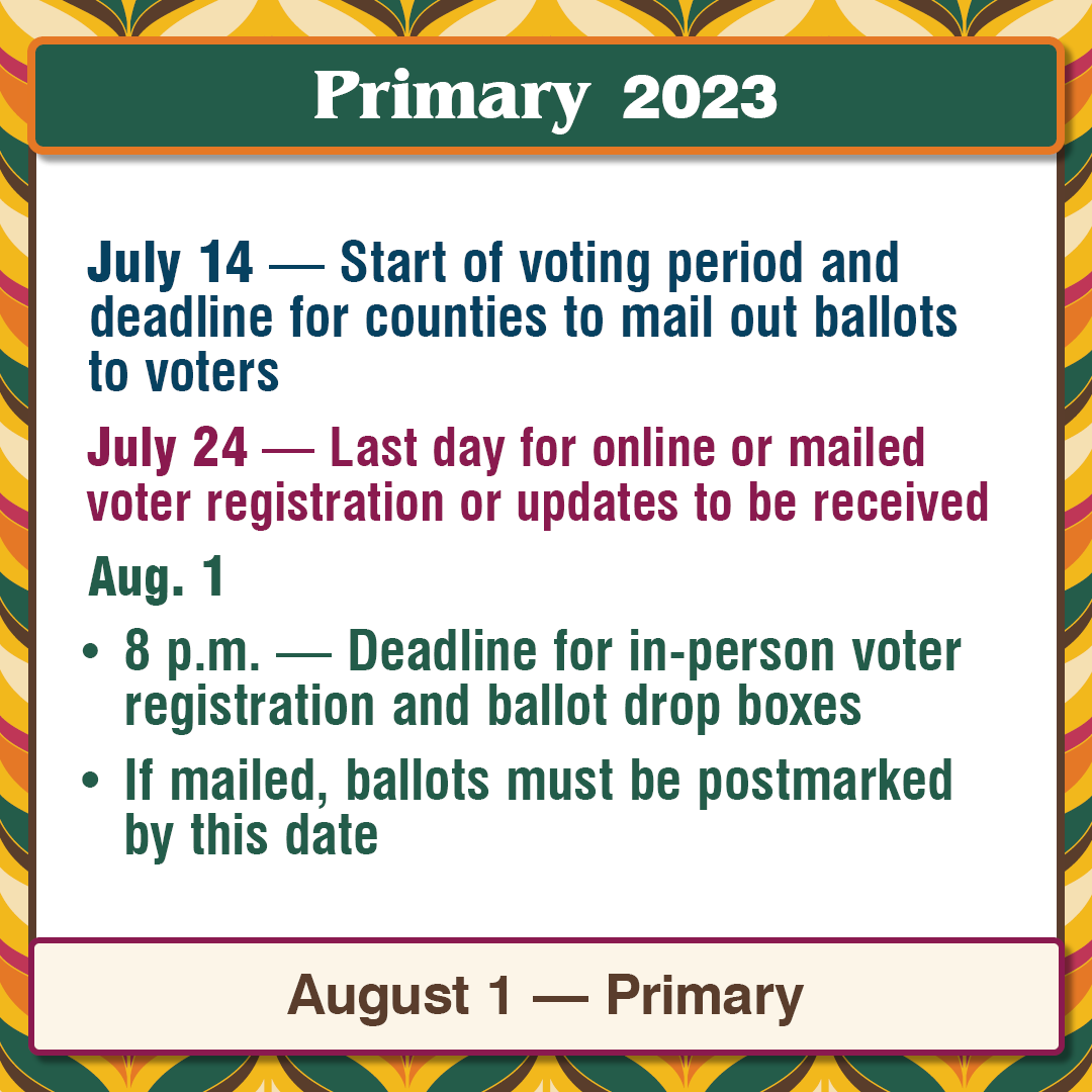 secstatewa's tweet photo. 🗓️ Mark your calendar for these important August   Primary Election dates:

July 14 – All ballots mailed, voting period   starts
July 24 – Online registration deadline
August 1 – In-person registration deadline
August 1 – Primary Election

(1/4) https://t.co/P7jl8bH7Jr