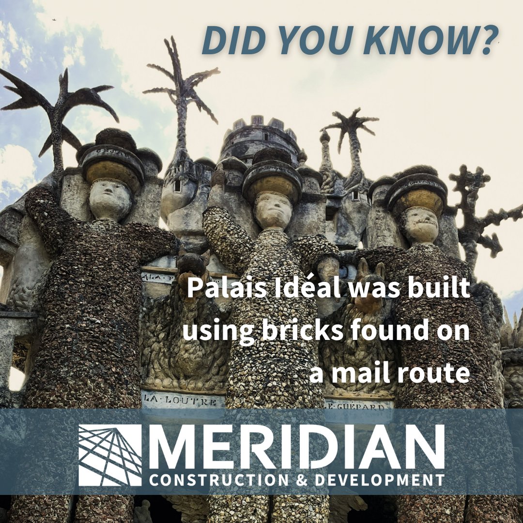Did you know? Ferdinand Cheval built his Palais Idéal with bricks he gathered as a mail carrier on his route.

#WidsomWednesday #France #architecture #NaiveArt #architect #construction #WednesdayWisdom #DidYouKnow #facts #trivia #MeridianConstruction
#meridianconstructioncompany