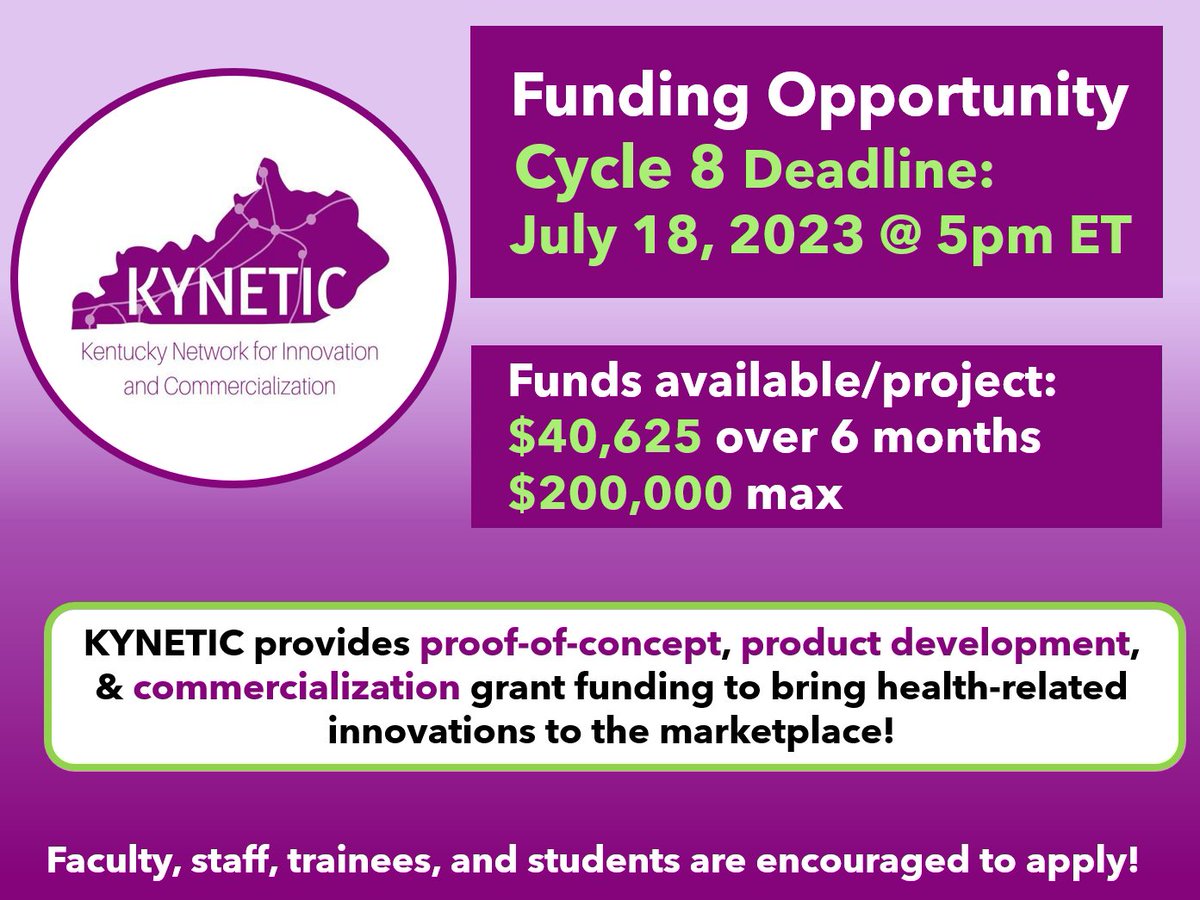 KYNETIC_hub's tweet image. Don&apos;t miss the deadline! 🚀Cycle 8 Pre-applications are due Tuesday, July 18th at 5:00pm. Have questions?💡Consult with a Project Manager: tinyurl.com/5xy93xy2

Read the full RFA here: research.uky.edu/uploads/kyneti…

#KYNETIC  #REACH #NIHfunding #entrepreneurs #ResearchwithImpact