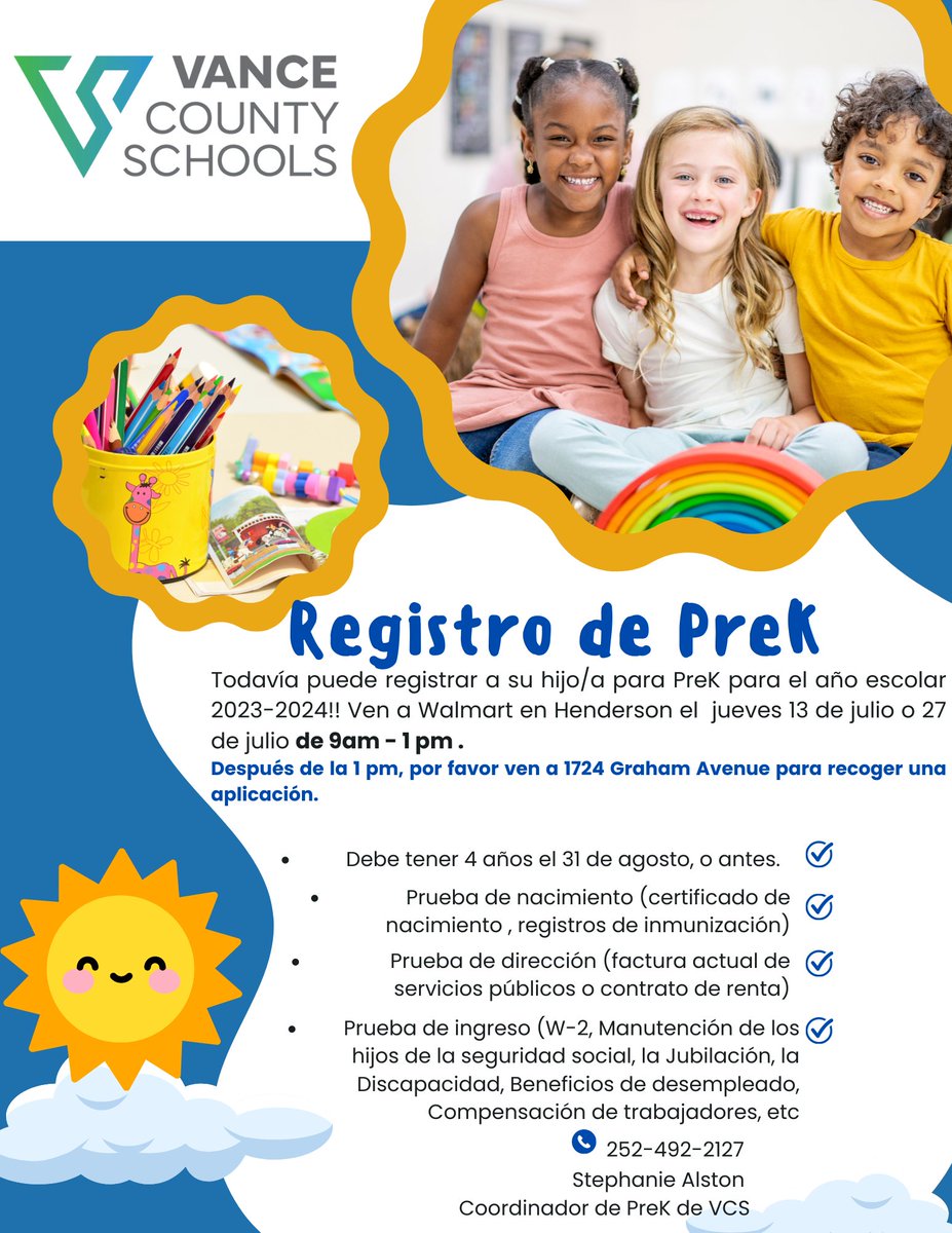 VanceCoSchools's tweet photo. ☀️Don't miss the Pre-K Registration Event tomorrow, July 13th! The event is from 9 a.m. to 1 p.m. at the Henderson Walmart. Visit https://t.co/m3N5s6DpcY for more information! https://t.co/iKLamOT7qv