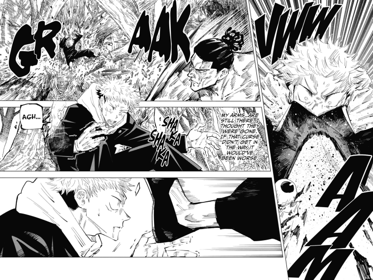 RevyRules's tweet photo. @KaiyoBreeze The only reason he survived the attack was because he put his arms up to block some of the impact similar to when todo almost blew yuji's arms off . Since the next time he gets hit he implies he would have died or been near death when he took a direct blow to the head unguarded. https://t.co/1m5pARrEst