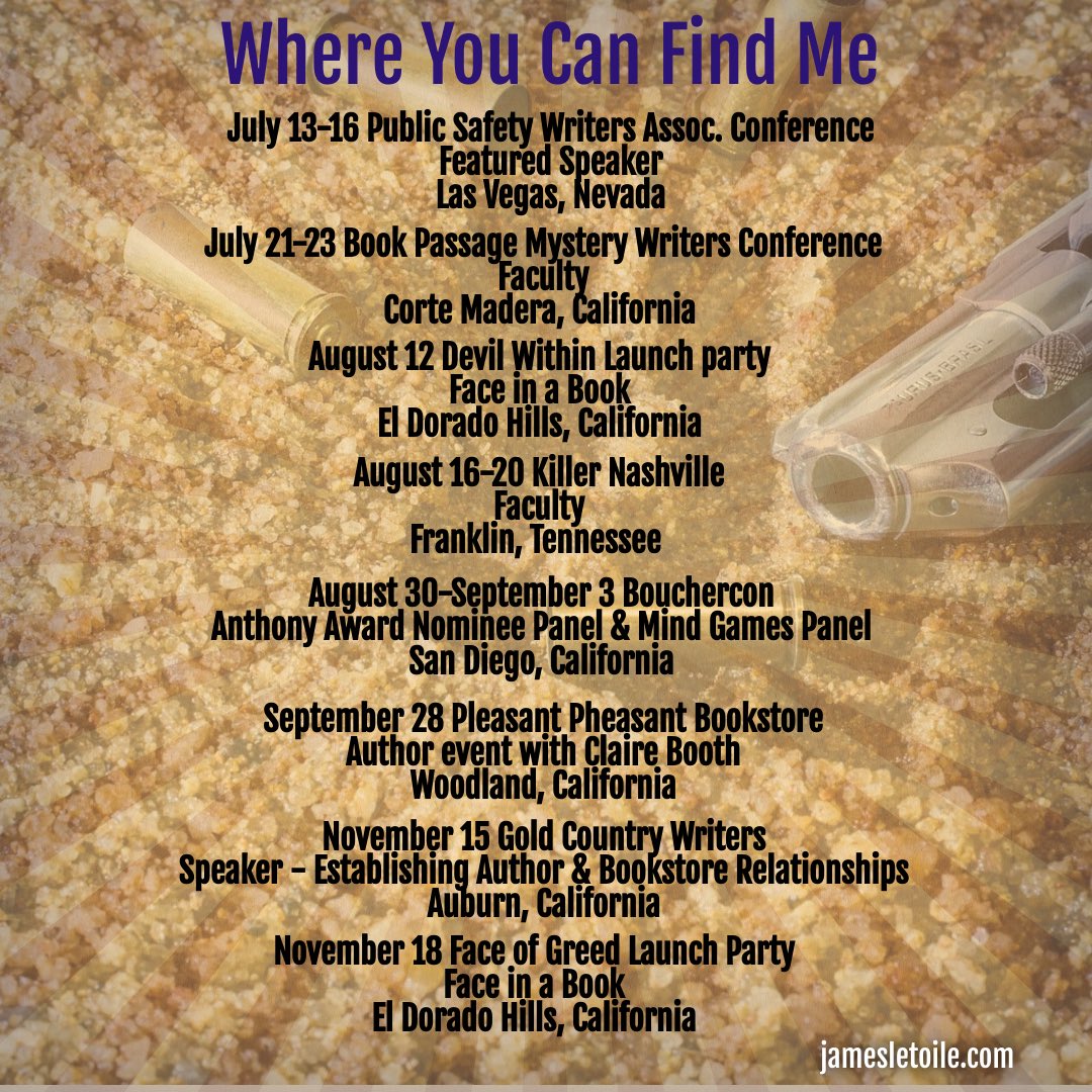 JamesLEtoile's tweet photo. Next few months are going to be a blast. Come find me at the events! Hope I get to see you.
@faceinbooks @bookpassage @KillerNashville @Bouchercon @levelbestbooks @oceanviewpub @IPGbooknews #indiebookstores @CalibaBooks #anthonyawards #DevilWithin #FaceofGreed https://t.co/VmqJcJ4oJc