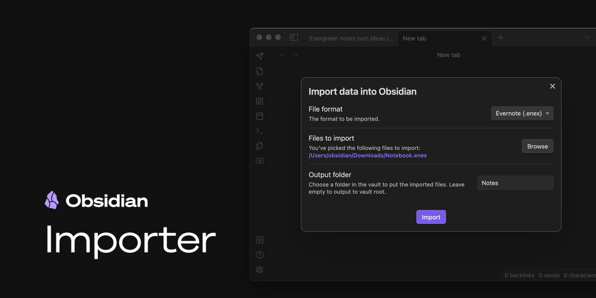 obsdmd's tweet photo. Apps come and go, but the files you create should last.

Our new open source plugin makes it easy to convert your Evernote data to plain text Markdown files that you own.

You can download Obsidian Importer from the plugin directory, it's completely free. https://t.co/ybiHqDSPdz
