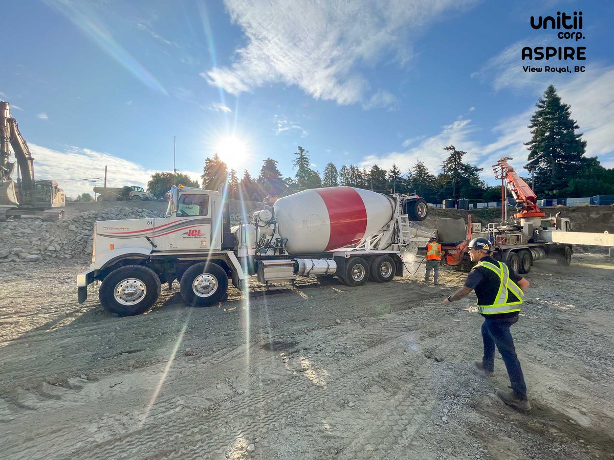 Unitiicorp's tweet photo. unitii is making great progress at Aspire. First big concrete pour on the Island. Big thanks to Giusti Group of Companies, Viking Reinforcing, Independent Concrete Ltd, City Concrete Pumping.  #unitii #Aspire #ViewRoyal #BC #teameffort #teamwork https://t.co/bQs0zpA5uJ