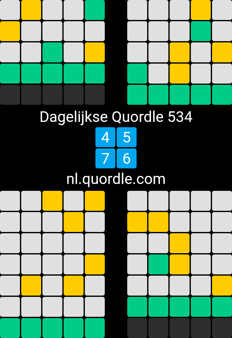 Buzzzyff's tweet photo. Dagelijkse Quordle 534
4️⃣5️⃣
7️⃣6️⃣
https://t.co/6mKZ8m17mc https://t.co/EQaX8vxvOF