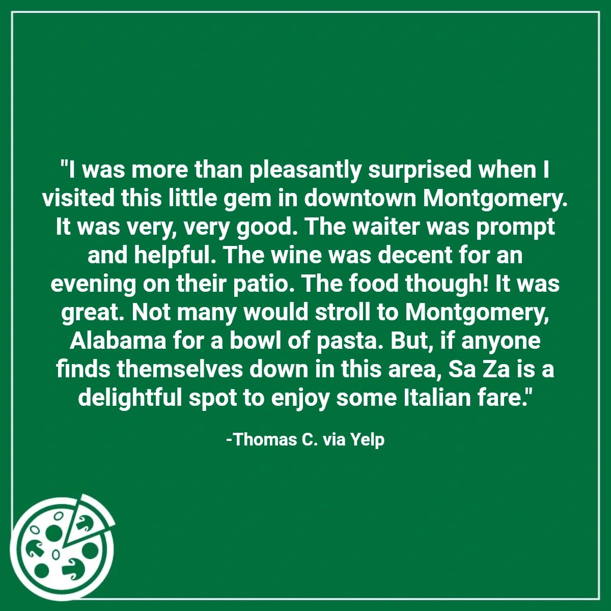 SaZaItalian's tweet photo. We're thrilled to hear that we exceeded your expectations, Thomas! Hope to welcome you back for another delicious meal the next time you're in Montgomery. ❤️ https://t.co/DkTdl4lwJ2