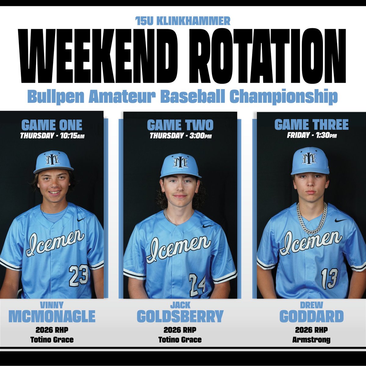 Projected starting rotations for our 16u and 15u teams as they travel to KC and Indy this weekend. 

#icemenexperience #iceicebaby #summerball