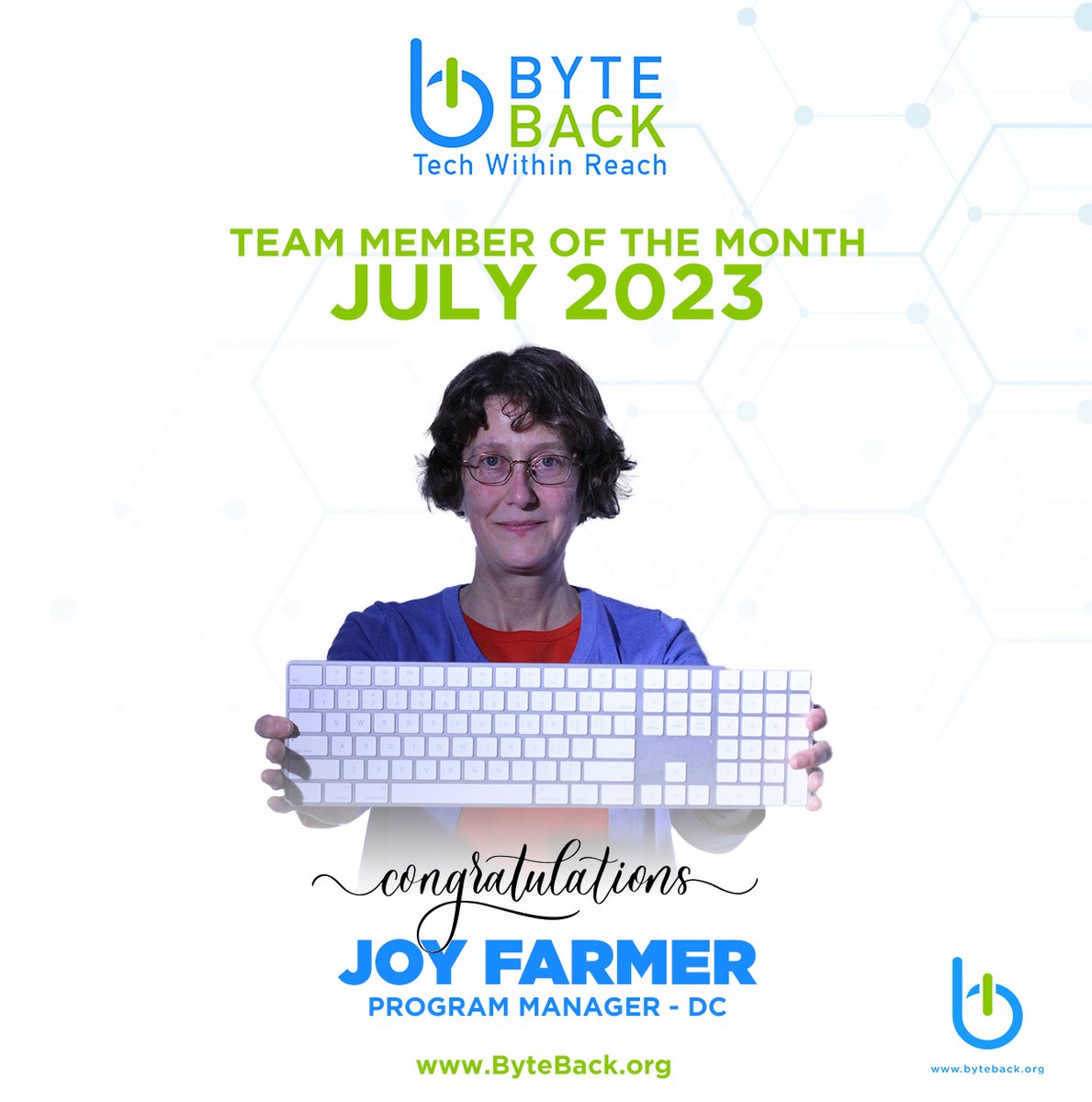 We_ByteBack's tweet photo. 🌟 Congratulations to Joy Farmer, our exceptional DC Program Manager, on being named Team Member of the Month for July 2023! Joy's dedication &amp; hard work have made a significant impact on the success of Byte Back. Thank you for your outstanding contributions, Joy! 🎉 #WeByteBack https://t.co/2Bj2yNGmiI