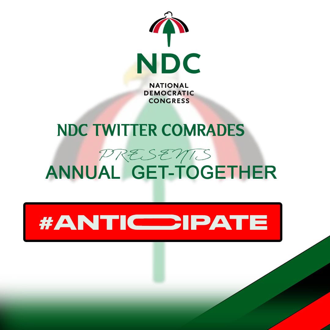 As a political party that believes in youth activism,we present to you THE ANNUAL GET-TOGETHER for young comrades in the NDC.The date and time will be communicated to all in due time.

For sponsorship and enquiries Dm 

Thank you!
#3y3 Zu 
#3y3 Za
#Anticipate