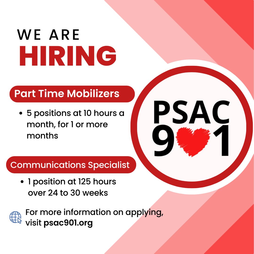 PSAC901's tweet photo. We are hiring! Visit our website to view the full job postings: https://t.co/HRRenxzpEg
📌Applications for Part Time Mobilizers close @ 4pm 07.26.2023
📌Application for Communications Specialist Contractor closes @ 11:59pm 07.30.2023
#psac901 #psac #queensu https://t.co/7U1S9c3E0Q