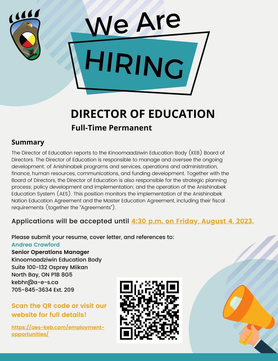 AnishinabekEd's tweet photo. We are HIRING!!! Join our team today! 😄
Head to https://t.co/G3xDxWtL8d to read more and apply today!

Applications will be accepted until 4:30 p.m. Friday August 4, 2023!!! https://t.co/qXbKSKgi3h