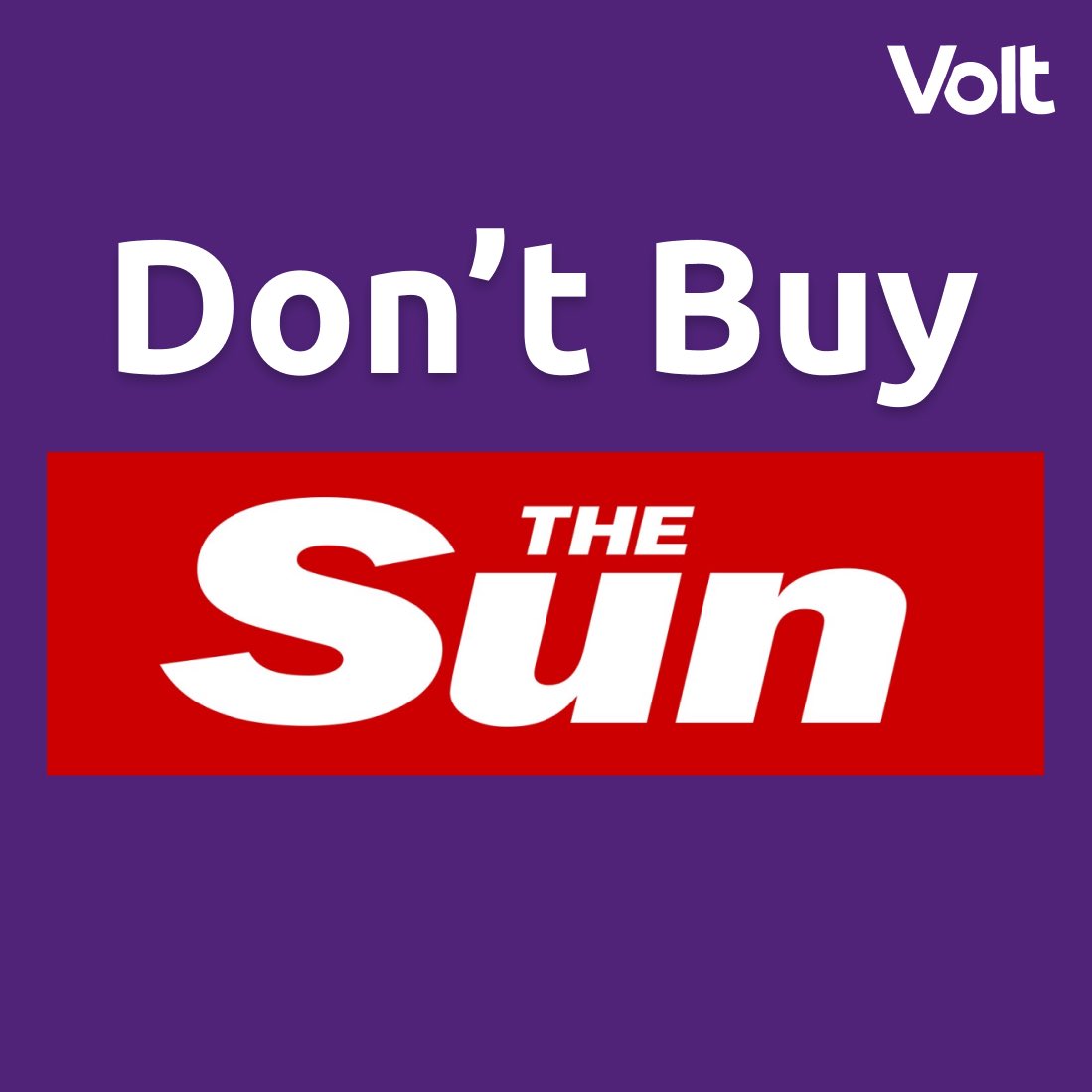 UkVolt's tweet photo. From Hillsborough, Brexit, Immigration, to the current BBC presenter scandal, the lies The Sun has spewed for decades represent everything that’s wrong with the British tabloid industry.

Unless we say “enough is enough”, these lies will continue.

Don’t Buy The Sun.

#bbcnews https://t.co/qDcL0W6cRg
