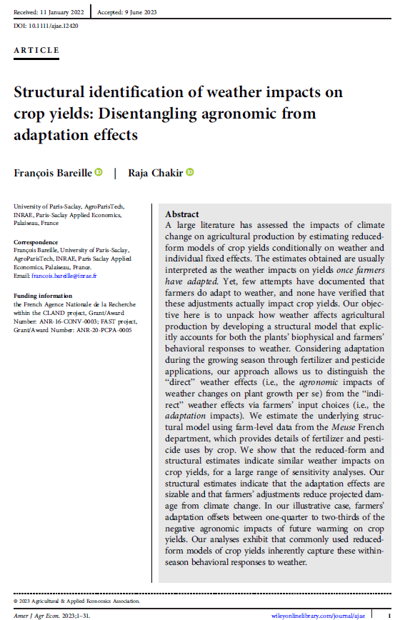 RajaChakir3's tweet photo. It is my great pleasure to share our recent publication with François on "Structural identification of weather impacts on crop yields" if you want to know more, see the nice thread by François... if you are interested by the paper here is a preprint https://t.co/eoYm86IZOE https://t.co/dHXyO9wQF5