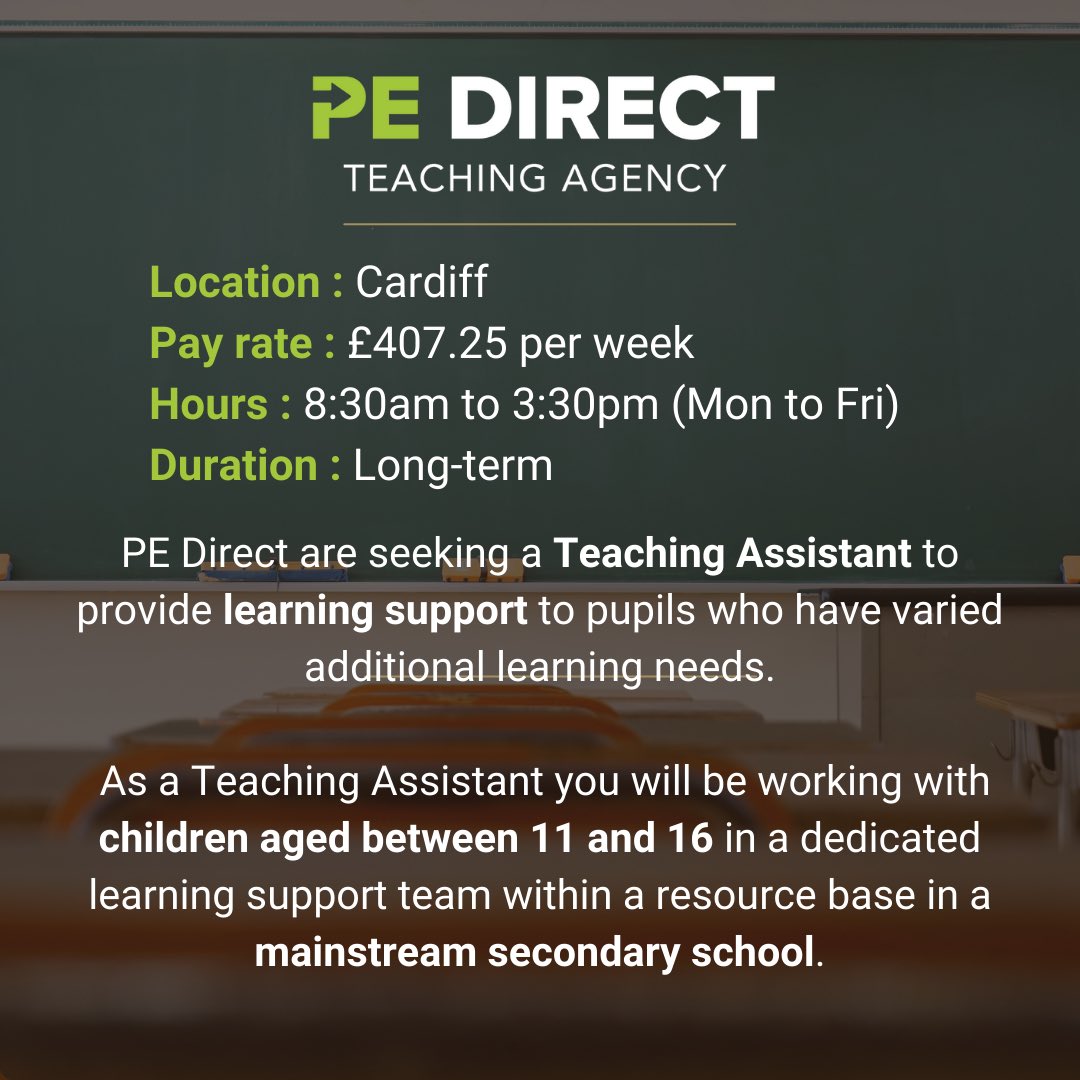 pedirect_'s tweet image. PE Direct is recruiting for an ALN Teaching Assistant to work on a long-term and full-time basis in a secondary school in Cardiff.

DM us for more information or to arrange an informal conversation.
 
#cardiffjobs #aln #additionallearningneeds #southwalesjobs #teachingassistant