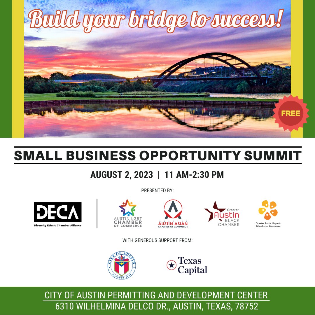 Join Austin’s DECA chambers 8/2 and build YOUR bridges to the Central Texas small business ecosystem!
RSVP for free and see sponsorship opportunities: bit.ly/deca-small-bus…

@AustinLGBTbiz <a href="/GAACCAustin/">Greater Austin Asian Chamber of Commerce</a> <a href="/ATXBlackChamber/">Austin Black Chamber</a> <a href="/GAHCC/">GAHCC</a> <a href="/AustinEconDev/">Austin Economic Development</a> @jdlawless #atx #smallbusiness