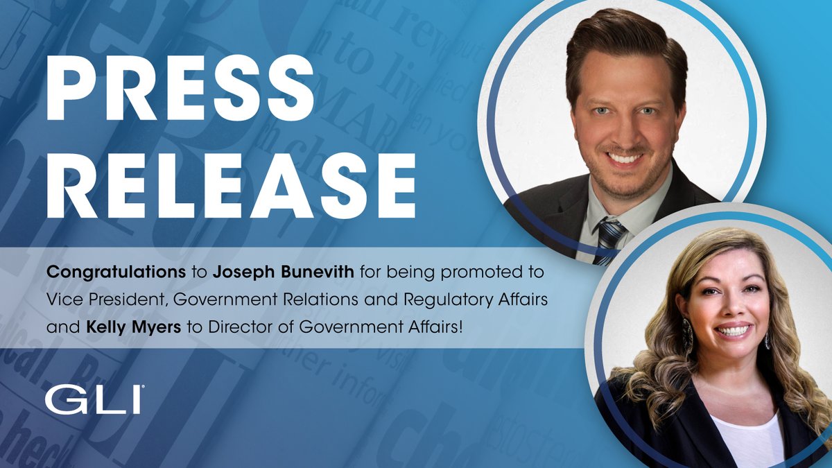 News! Joe Bunevith has been promoted to VP, Govt Relations &amp; Regulatory Affairs, and Kelly Myers has been promoted to Director of Government Affairs. Read full story: ow.ly/B7aT50P9V3T

#GLI #GamingLabs #gamingindustry #tribalgaming #indiancasinos #newtechnologies #advisory