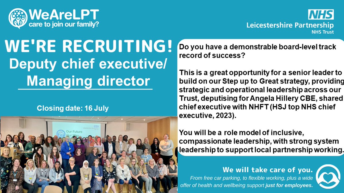 We're recruiting a Deputy chief executive/Managing director!

If you'd like to have a chat or find out more about the role, please click on the link: lnkd.in/eiFVa-4K 

#recruiting #hiring #leadership #nhsjobs #managingdirector