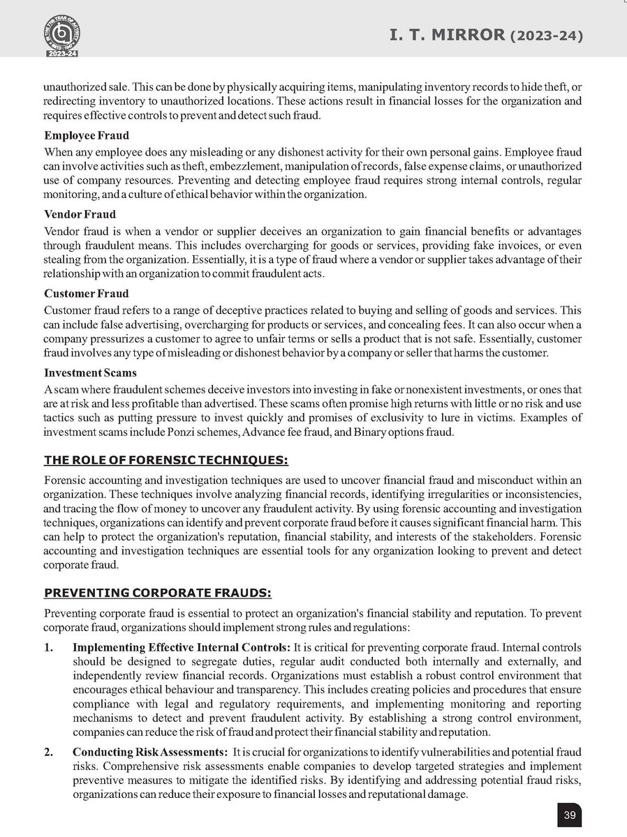ITBA_abad's tweet photo. Thank You @samir120488 for contributing an article for IT Mirror Volume II (Year 2023-24) on the topic of "Corporate Frauds and Forensic: Safeguarding against Financial Misconduct"

Access full copy at: https://t.co/QSdFJXj4pZ https://t.co/FZKmRdThc0