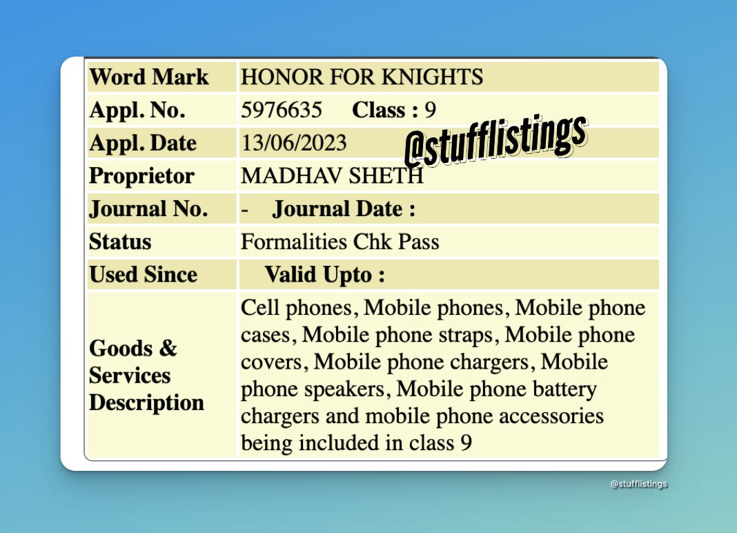 stufflistings's tweet photo. So yes, Honor has filed a new trademark, dubbed Honor for Knights in India.
Mr. Madhav Sheth is the proprietor. 
The description also clearly indicates Honor's comeback in India in the smartphone space. Will shore more details ASAP.
Feel free to retweet 😉
#Honor #HonorforKnights