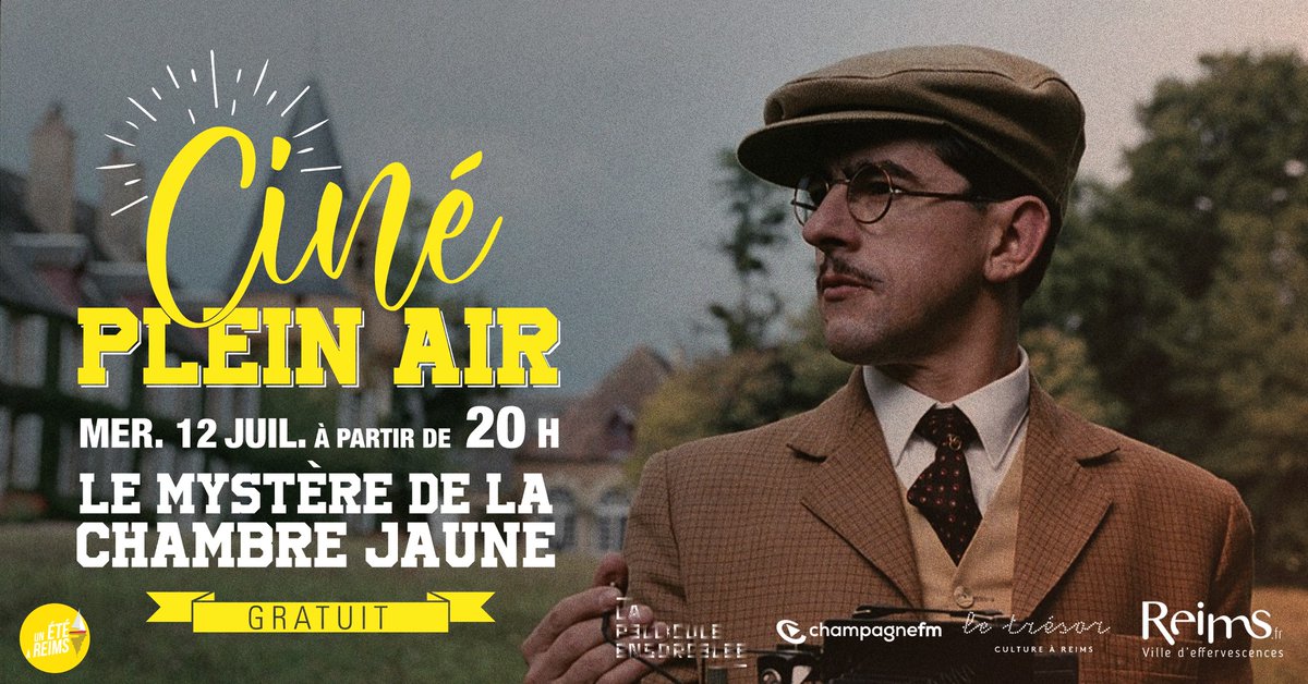 VilledeReims's tweet photo. #UnEtéAReims : ce soir, nouvelle séance de #Ciné en #PleinAir dans les quartiers avec la projection du film ''Le mystÚre de la chambre jaune'', au square Alexandre Henrot, dans le quartier #Clairmarais #CharlesArnould. Début des animations à 20h. https://t.co/3EeQXpmPHh