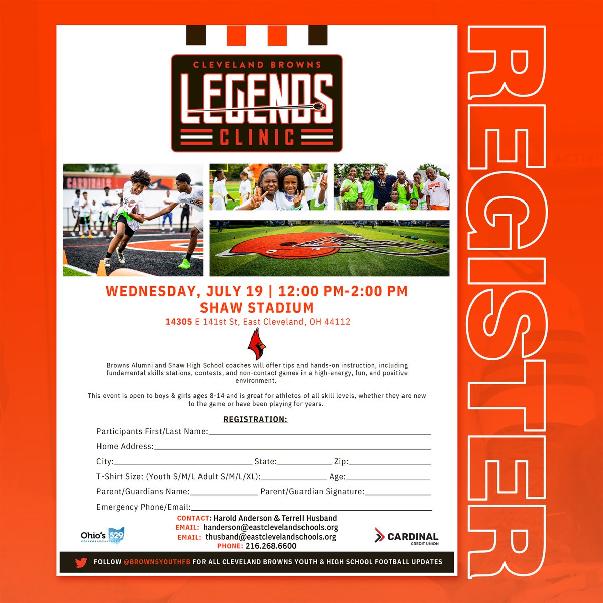Calling all East Cleveland Students ages 8-14! Announcing the Cleveland Browns Legends Clinic at Shaw Stadium on Wednesday, July 19th! This event is open to boys and girls and is great for athletes of all skill levels! Register Today! eastclevelandschools.org