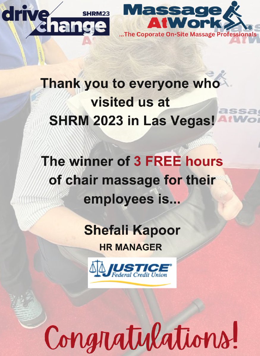 MassageAtWorkUS's tweet photo. Congratulations to our winner from #SHRM2023! 

#massageatworkusa #thecorporateonsitemassageprofessionals #congratulations #massagelife #chairmassage #corporatemassage #corporatechairmassage #massageevents #selfcare #wellness #corporatewellness #healthandwellness #healthlyliving https://t.co/E3sxVJsivZ