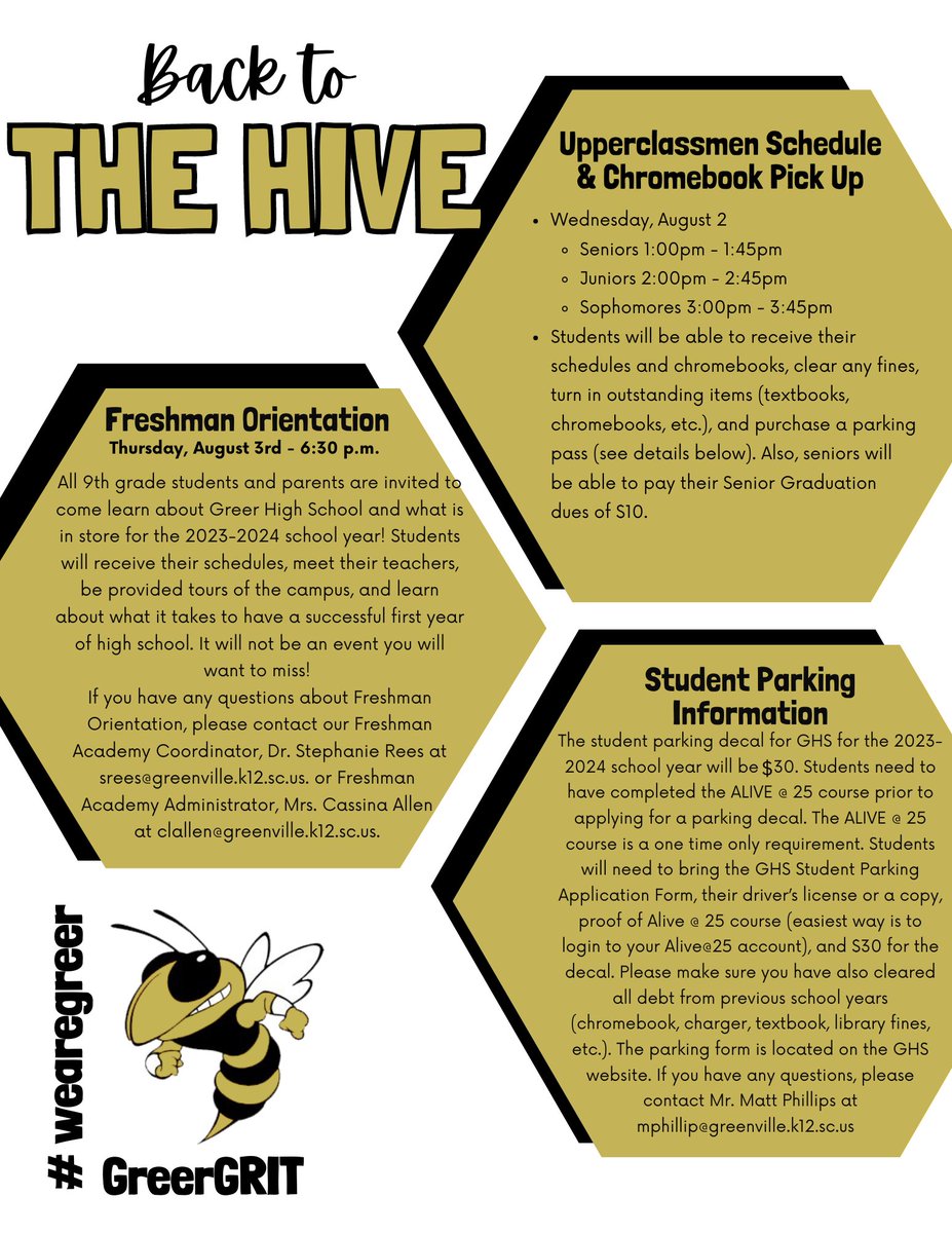Greer_High's tweet photo. Back to the Hive!

Upperclassmen Schedule and Chromebook Pickup
Wednesday, August 2
Seniors 1:00pm - 1:45pm
Juniors 2:00pm - 2:45pm
Sophomores 3:00pm - 3:45pm

Freshman Orientation
Thursday, August 3
6:30pm

#wearegreer #GreerGRIT https://t.co/rjPaXhK4uN